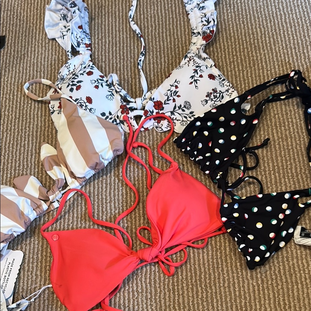 4 triangle swim top bundle size small Floral/Polka Dot/stripe and red